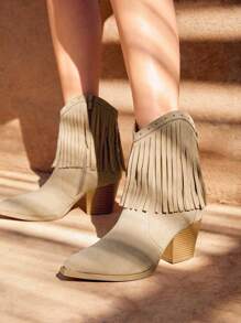 Styleloop Vintage Western Style Fringed Cowboy Boots For Farming, Riding And Motorcycle - Khaki - View 2