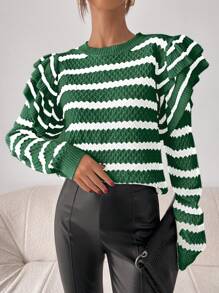 Chiquease Suéter de mujer con volantes y rayas, suéter de punto para otoño e invierno - Multicolor - Ver 4