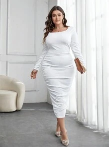 SHEIN Privé Vestido elegante y plisado con mangas largas ajustadas para primavera en talla grande