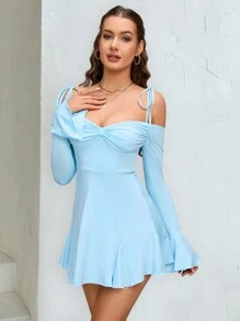 PARTHEA 露肩波浪袖褶皺胸部襯衫裙 - 薄荷藍 - 查看 7