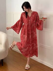 DAZY Plant Print Loose Sleep Dress With Ruffle Sleeves - Red - View 5