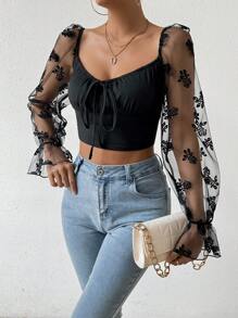 SHEIN Privé 植絨網布拼接短上衣 - 黑色 - 查看 4