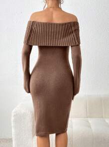 Chiquease Off-The-Shoulder Long-Sleeve Slim Fit Sweater Dress - Coffee Brown - View 2