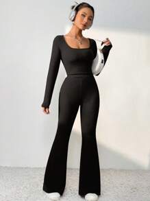 SHEIN Unity Women's Slim Long-Sleeved Top And Flared Pants Two-Piece Set - Black - View 4