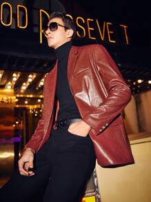 AKNOTIC Business Casual Men's Loose Fit Pu Leather Lapel Collar Blazer - Rust Brown - View 6