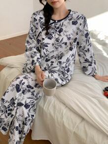 DAZY Conjunto De Pijama De Estilo Chino Con Estampado Vegetal De 2 Piezas - Blanco - Ver 3