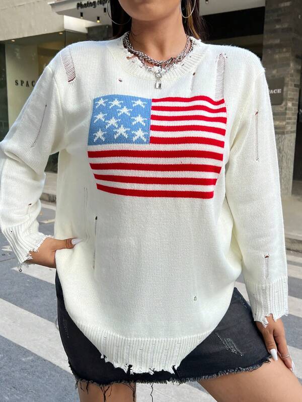 SHEIN EZwear Sudadera Con Diseño De Bandera Estadounidense Desgastada