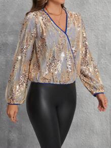 SHEIN Clasi Women'S Contrast Trimmed Wrap Sequin Shirt - Royal Blue - View 4