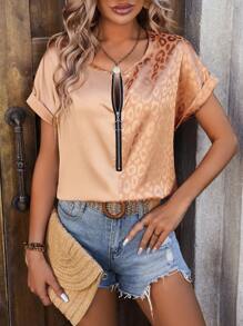 SHEIN LUNE Women'S Leopard Jacquard Zipper Half Placket Shirt