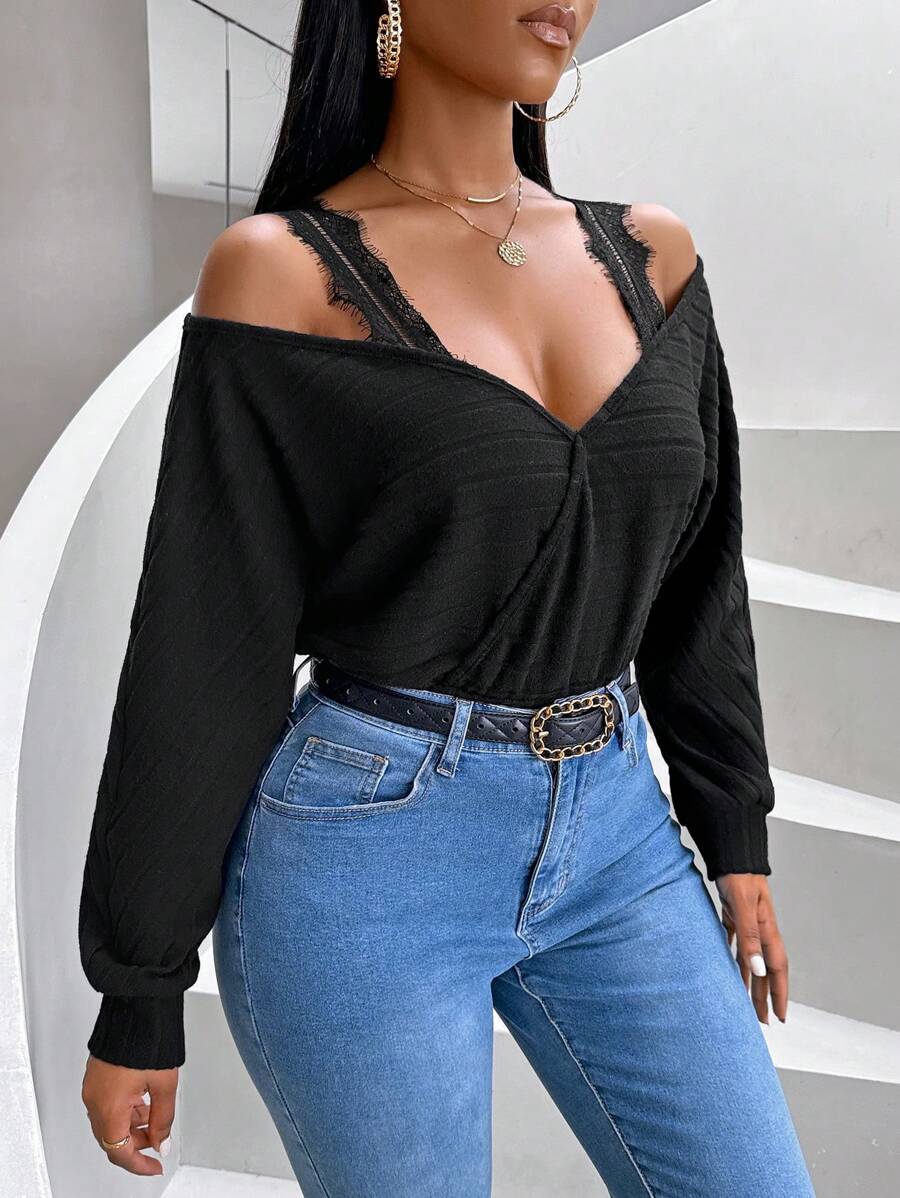 SHEIN Slayr 女款露肩羅紋長袖 T 卹 - 黑色 - 查看 1