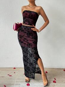 SHEIN Privé Black Flocked Women's Two-Piece Set - Black - View 4