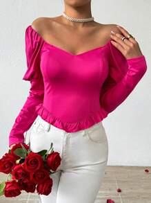 SHEIN Privé Women's Leg Of Leg-Of-Mutton Sleeve Frill Hem T-Shirt - Hot Pink - View 3