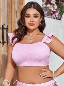 Swim Mod 大尺碼荷葉邊飾邊繫帶比基尼上衣情人節 - 粉色 - 查看 4