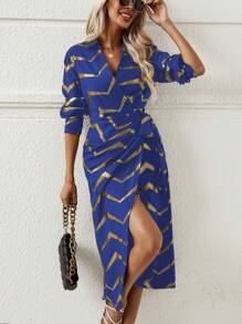 SHEIN Clasi 女士扭結連身裙,採用箔印設計 - 寶藍色 - 查看 1