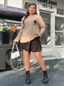 SHEIN EZwear 大碼女性星形貼花刺繡設計t恤 - 卡其色 - 查看 3