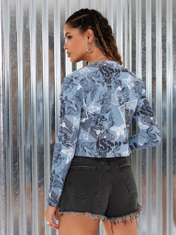 Women'S Letter Butterfly Print Denim Top
