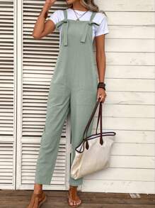 SHEIN Clasi Mono De Color Liso Con Bolsillos Dobles - Verde Oliva - Ver 4