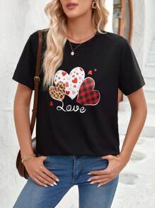 EMERY ROSE 女性春季心形字母印花情人節圓領短袖t恤 - 黑色 - 查看 1