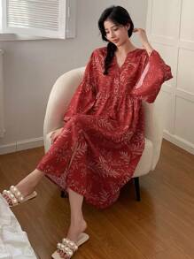 DAZY Plant Print Loose Sleep Dress With Ruffle Sleeves - Red - View 1
