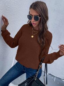 EMERY ROSE Solid Color Long Sleeve Casual Pullover Sweater - Rust Brown - View 5