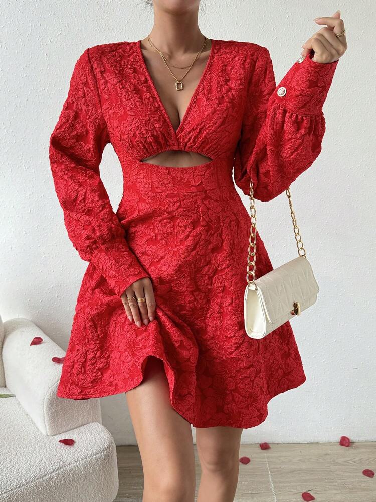 Long-Sleeved Cutout Front Random Jacquard Dress