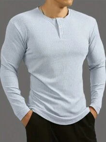 男士純色半扣接領恤衫 - 淺灰色 - 查看 4