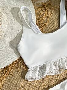 SHEIN Swim Women's Contrast Lace Tank Top Bikini Set Summer Beach - White - View 6