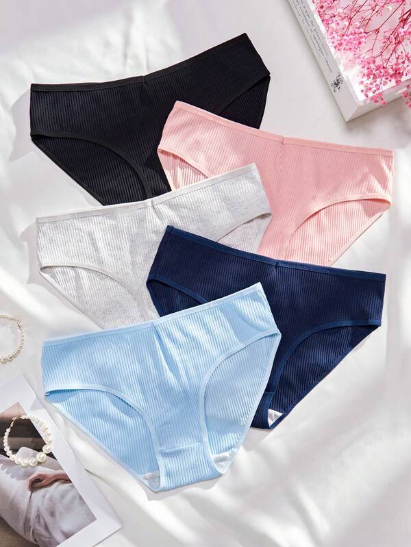 Plus Size 5pcs Solid Color Ribbed Knit Briefs