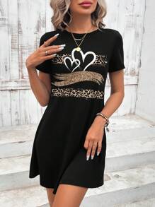 SHEIN LUNE Casual Women's Leopard Print Heart Pattern Bodycon Round Neck Short Sleeve Mini Dress, Suitable For Summer Chic Dress - Black - View 3