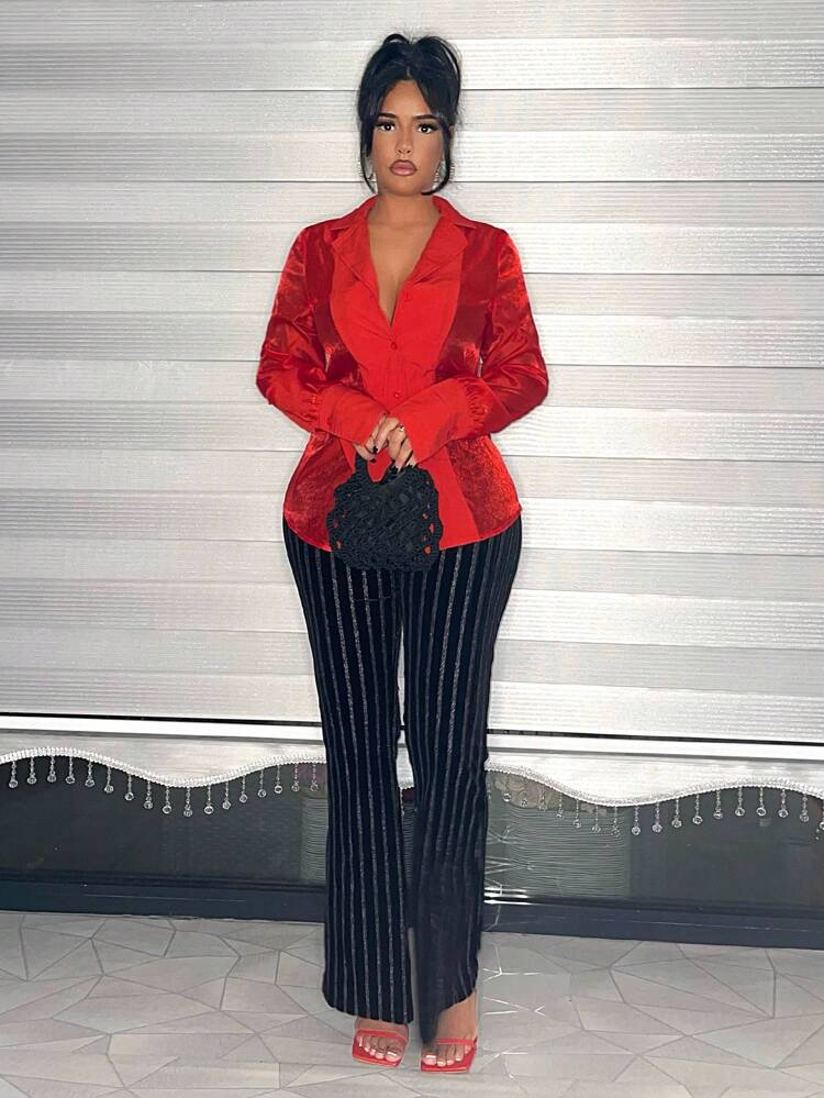 Red Lapel Collar Long Sleeve Shirt