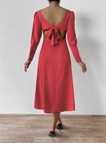 Chiquease Women's Deep V-Neck Backless Tie-Front Dress Fall Cloth For Women - Red - View 2