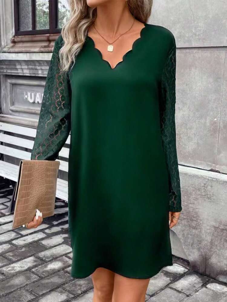 Ladies' Lace Joint Shell Button Detail Dress With Scalloped Edge Winter Elegant Evening Dress Green Christmas