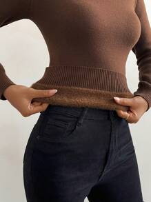 SHEIN LUNE Áo len nữ màu trơn dáng ôm, chất liệu nỉ, tay dài, kiểu áo chui đầu, thích hợp cho mùa thu đông. - màu nâu - Xem 5