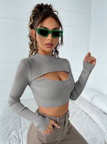 SHEIN ICON Women's Stand Collar Hollow Sweater - Grey - View 4