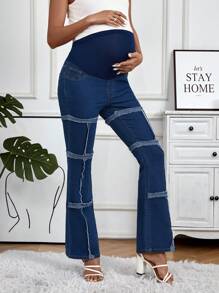 SHEIN Maternity Flared Denim Trousers With Adjustable Buttons Jeans - Medium Wash - View 3