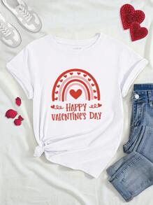 INAWLY Women's Heart & Slogan Printed Short Sleeve T-Shirt - White - View 1