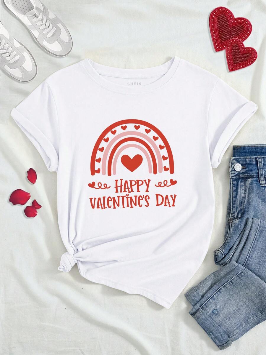 INAWLY Women's Heart & Slogan Printed Short Sleeve T-Shirt - White - View 1