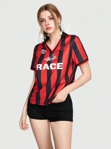 ROMWE 女士色塊條紋字母印花t恤 - 彩色 - 查看 9