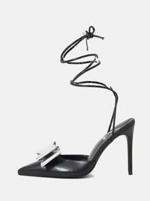 Black Pu Leather & Silver Bowknot Decor Sexy Fashion Women's High-heeled Lace-up Sandals