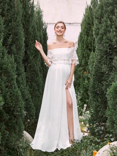 Maternity Off Shoulder Fringed Trim Chiffon Formal Party Elegant Dress