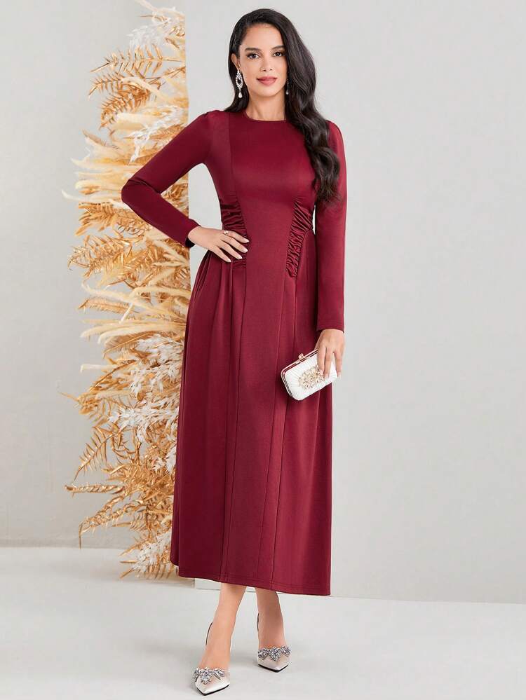Burgundy Red Women'S Solid Color Pleated Dress