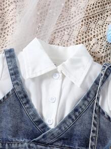 SHEIN Baby Girl Denim Suspender And Puff Sleeve Dress Suit - Blue - View 4