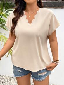 SHEIN Frenchy 大尺碼扇貝翼袖純色貝殼邊裝飾襯衫 - 杏色 - 查看 3