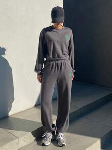 Dazy Designer 女款字母印花落肩長袖運動衫與運動褲兩件套 - 灰色 - 查看 4