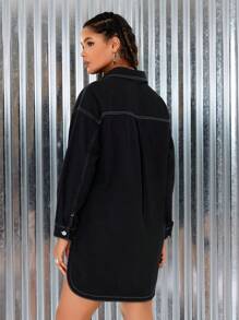 SHEIN EZwear 女用撞色縫線短版牛仔連身裙 - 黑色 - 查看 2