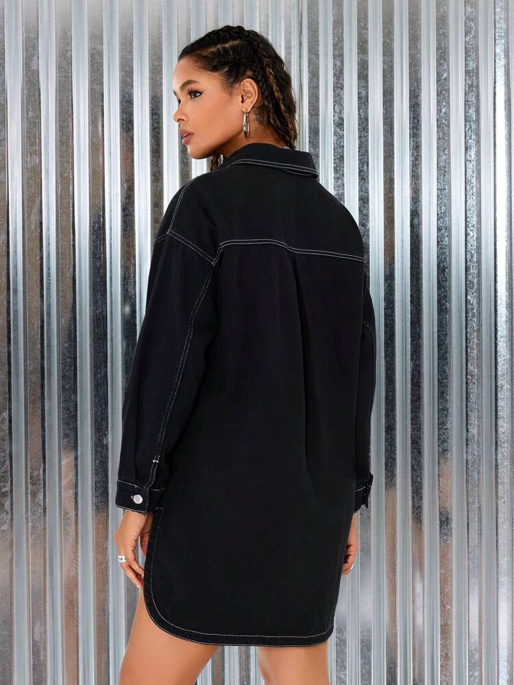 Women'S Short Denim Dress With Contrast Stitching