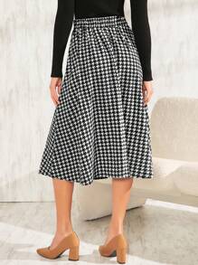 SHEIN Clasi Double-Breasted Houndstooth Skirt With Embellished Wide Waist - Black and White - View 2