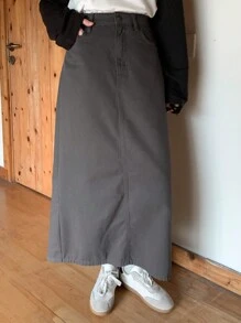 DAZY Màu thuần Chân váy Denim thẳng - Xám - Xem 2