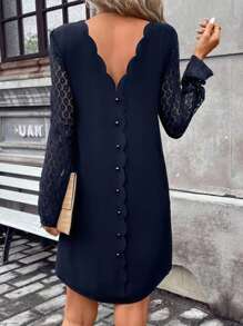 SHEIN Frenchy Women's Splicing Lace Straight Dress Winter Elegant Evening Dress Blue - Navy Blue - View 4