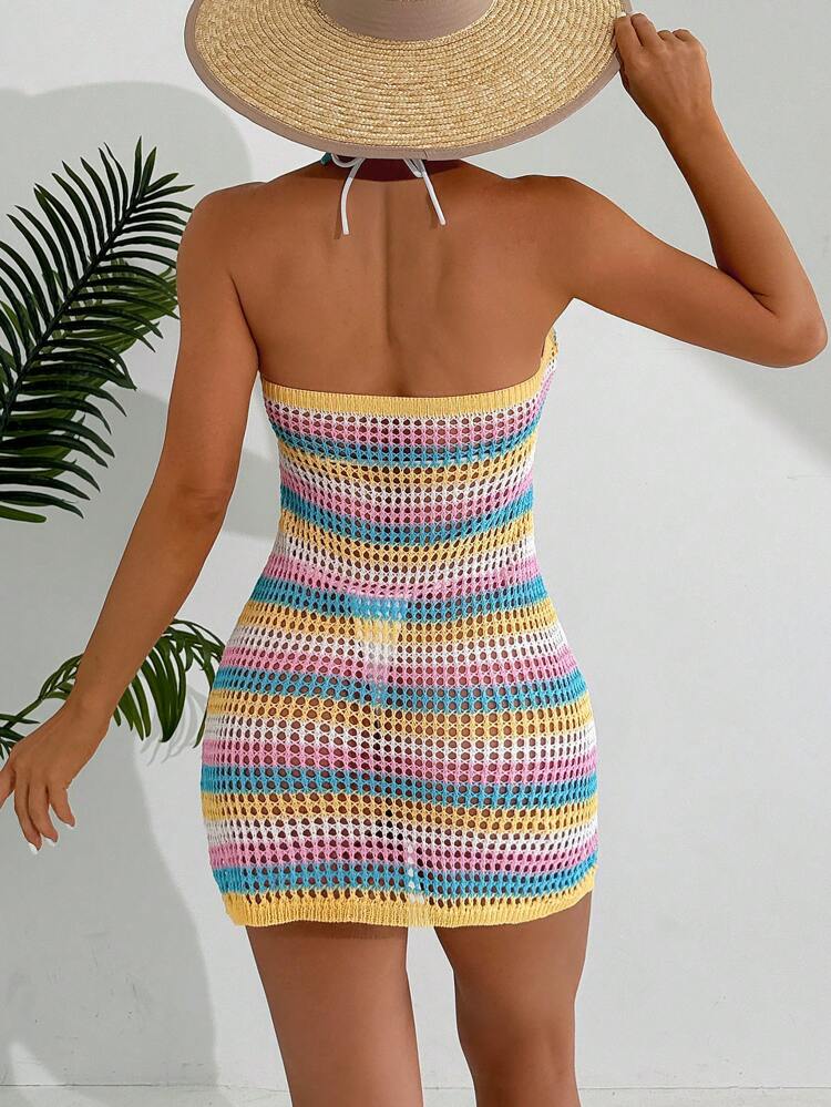 Summer 1pc Cross Halter Neck Contrast Color Striped Eyelet Knit Cover Up Dress
